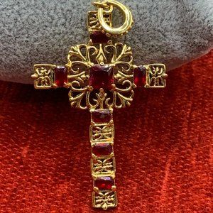Vtg Camrose & Kross Gold Tone 7 Simulated Ruby Red Stones 2" Cross  J Kennedy